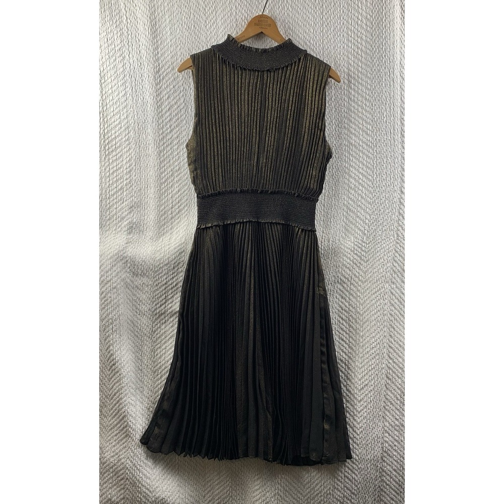 Nanette Lepore Pleated Sleeveless Midi Dress size‎ 10 Very Black/Gold Shimmer